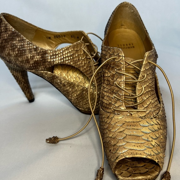 Stuart Weitzman Gold Python Platform Lace Up Heels 8.5 Made Spain - Picture 11 of 13